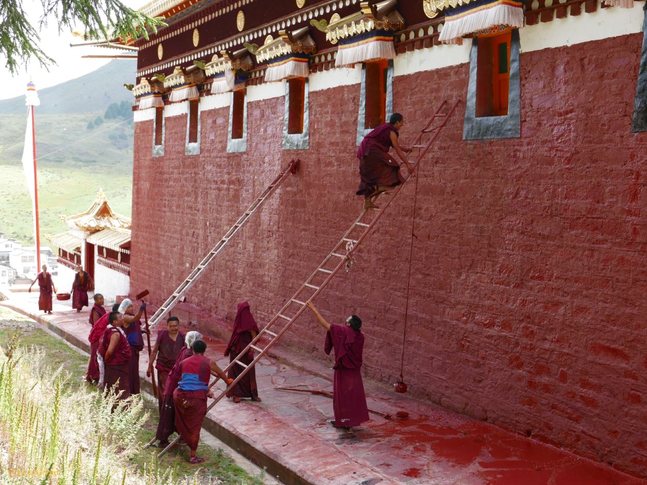 04 19 Langmusi Kerti Gompa un peu plus acrobatique de verser la peinture rouge avec une bouilloire