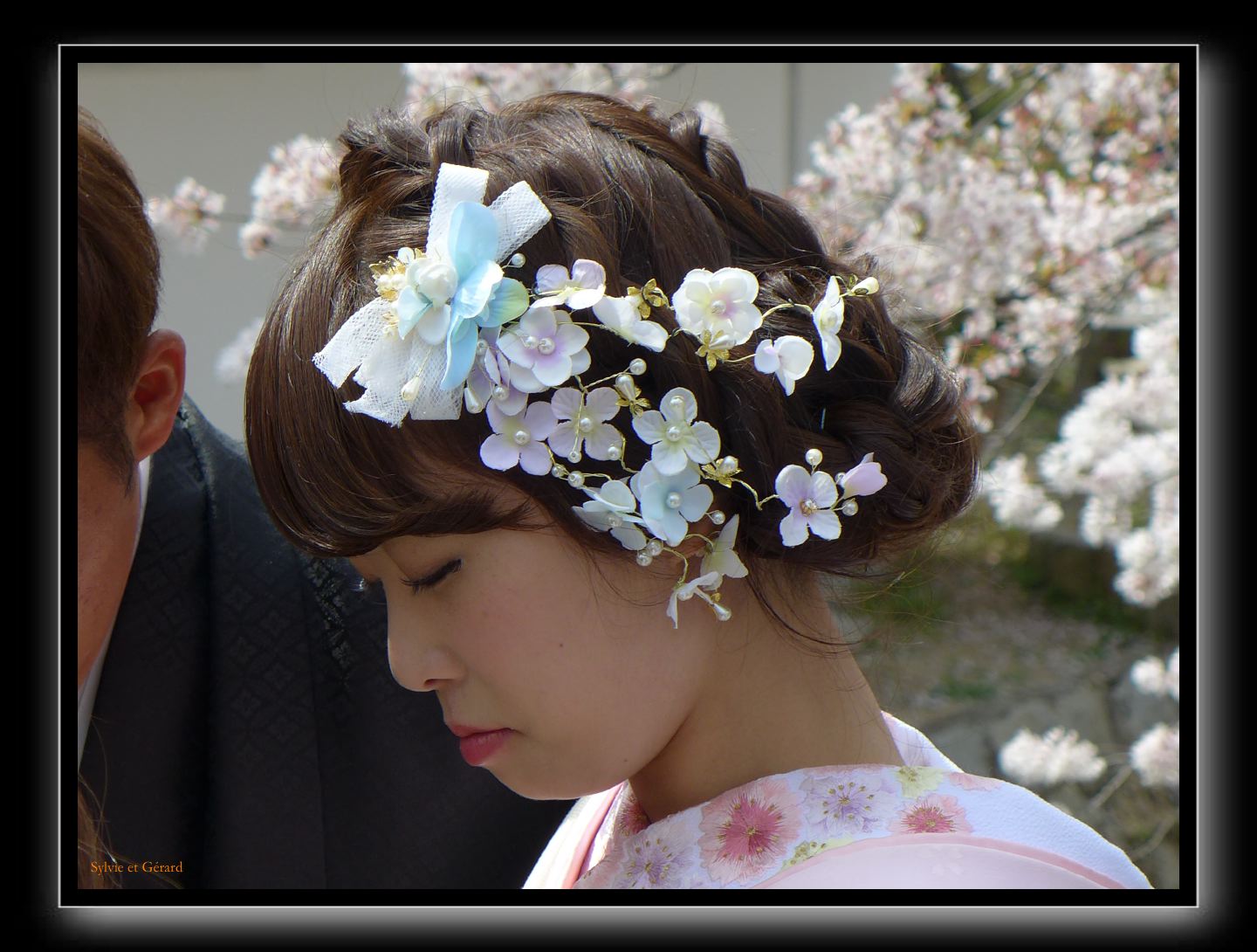 054 Kyoto chemin de la philosophie  fleurs de cerisiers dans la coiffure de la mariée